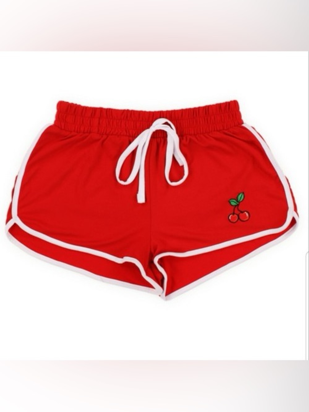 Bright Red Elastic Waist Shorts With Embroidered Cherries